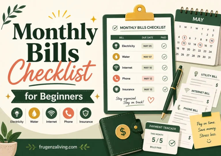 Monthly bills checklist for beginners with due dates, payment tracker, and recurring household bills