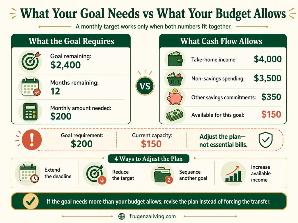 Comparison between the monthly amount a savings goal requires and what the budget can afford