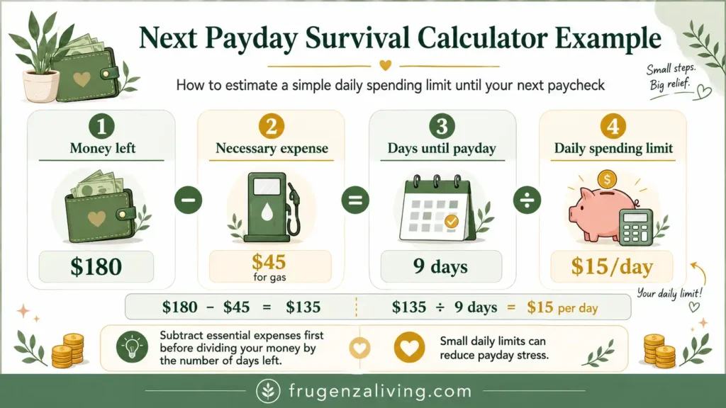 Infographic showing how to calculate a daily spending limit with $180 left, $45 for gas, and 9 days until the next payday