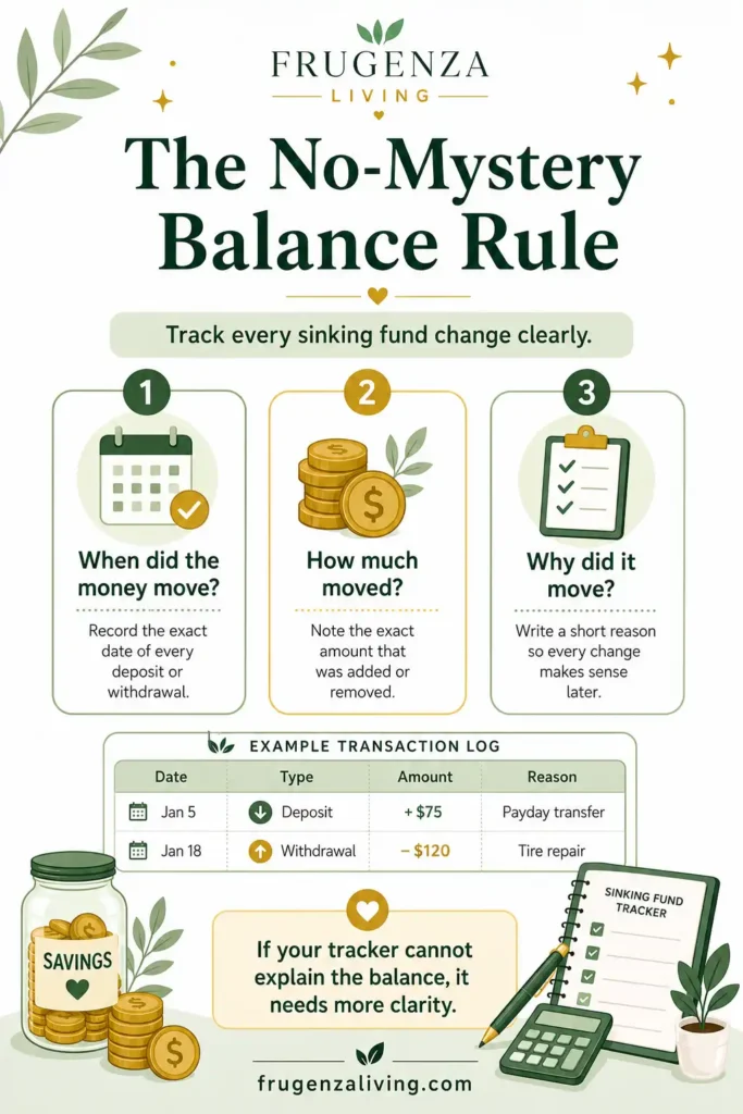 Infographic explaining the No-Mystery Balance Rule for tracking sinking fund deposits, withdrawals, dates, amounts, and notes