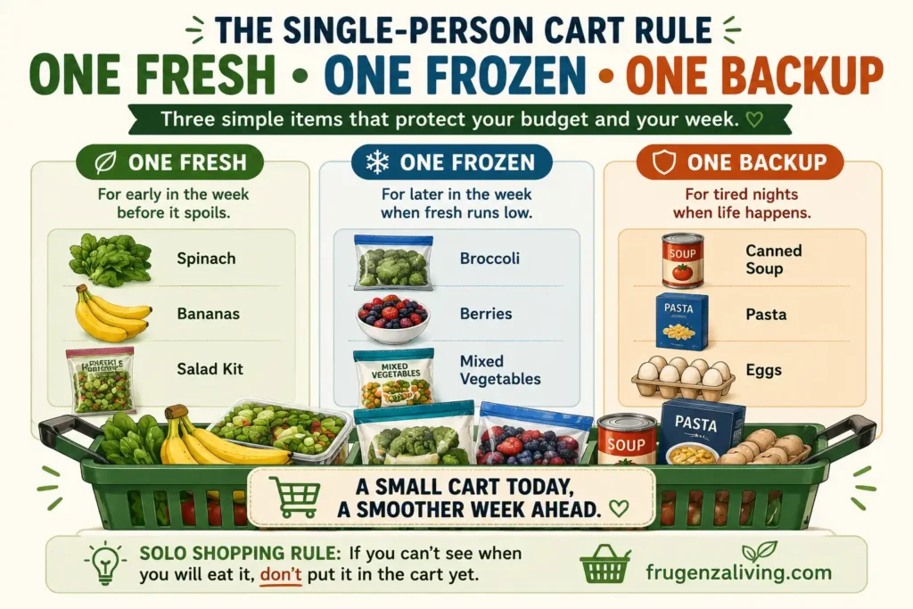 Infographic showing the one fresh, one frozen, one backup grocery rule for one person with fresh spinach, bananas, frozen broccoli, berries, canned soup, pasta, and eggs