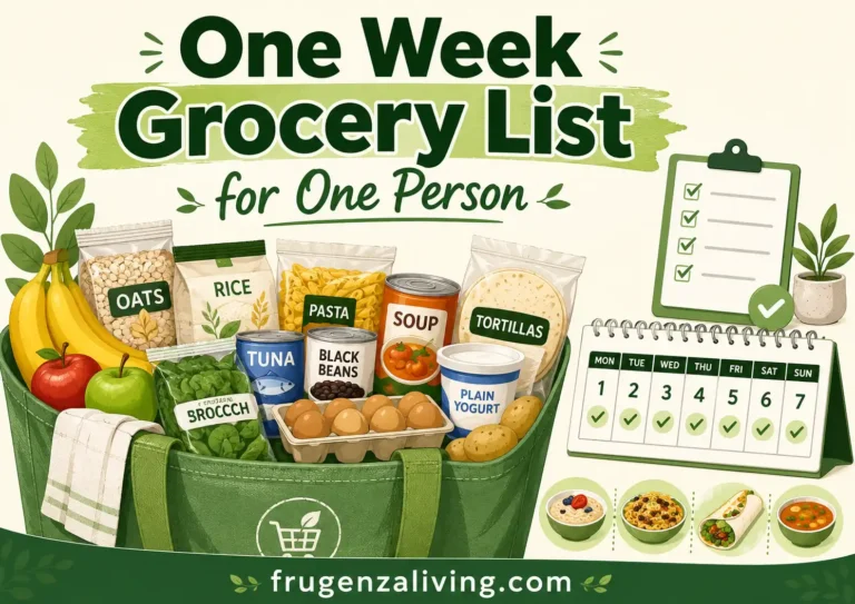 One week grocery list for one person illustration showing eggs, rice, pasta, tuna, beans, oats, fruit, vegetables, and a weekly checklist