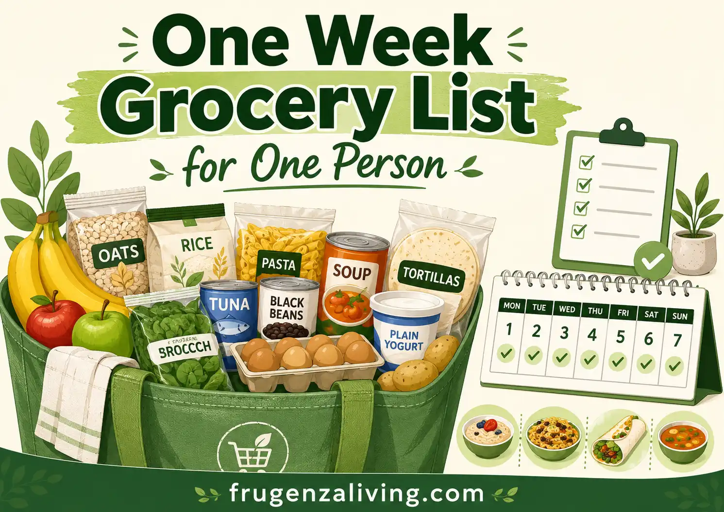 One Week Grocery List for One Person on a Budget - Frugenza Living
