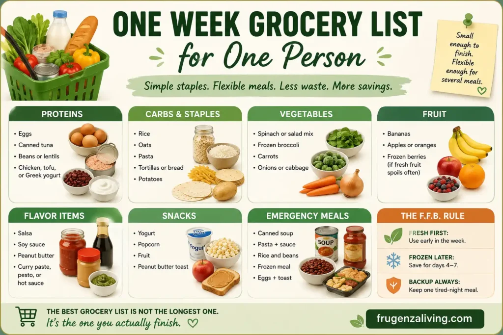 Infographic showing a one week grocery list for one person with proteins, carbs, vegetables, fruit, flavor items, snacks, emergency meals, and the F.F.B. rule