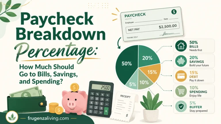 Illustration showing a paycheck breakdown percentage with bills, savings, debt, spending, and buffer categories