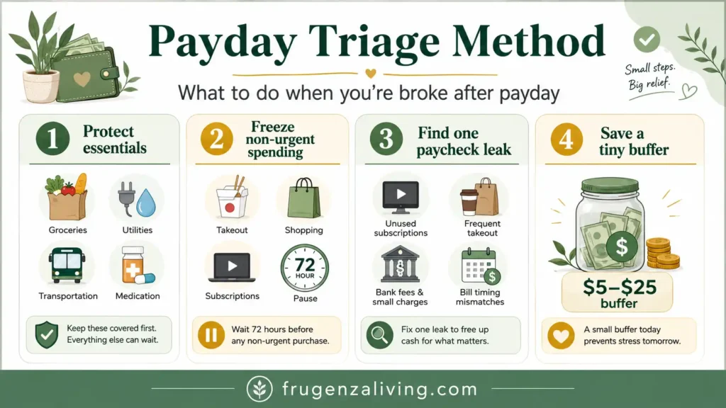 Infographic showing the payday triage method with four steps to protect essentials, freeze spending, find paycheck leaks, and save a small buffer