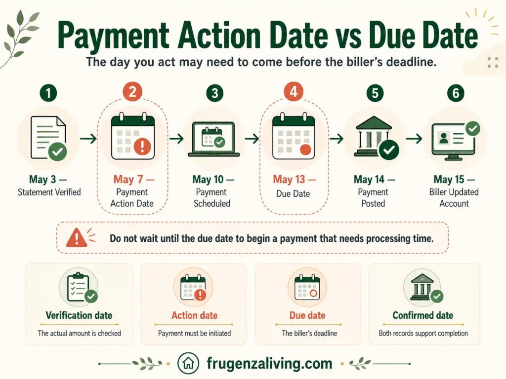 Timeline comparing a bill payment action date with the due date and confirmed date