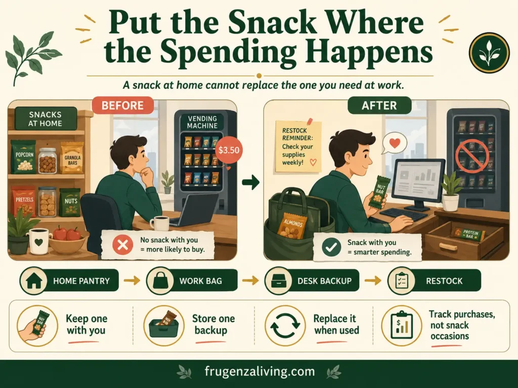 Keeping preferred snacks in a work bag and desk drawer to avoid vending machine purchases