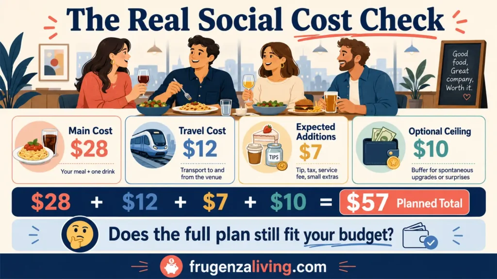 Social outing cost breakdown showing a 28 dollar meal, 12 dollar travel cost, 7 dollars in expected additions, and a 10 dollar optional spending limit