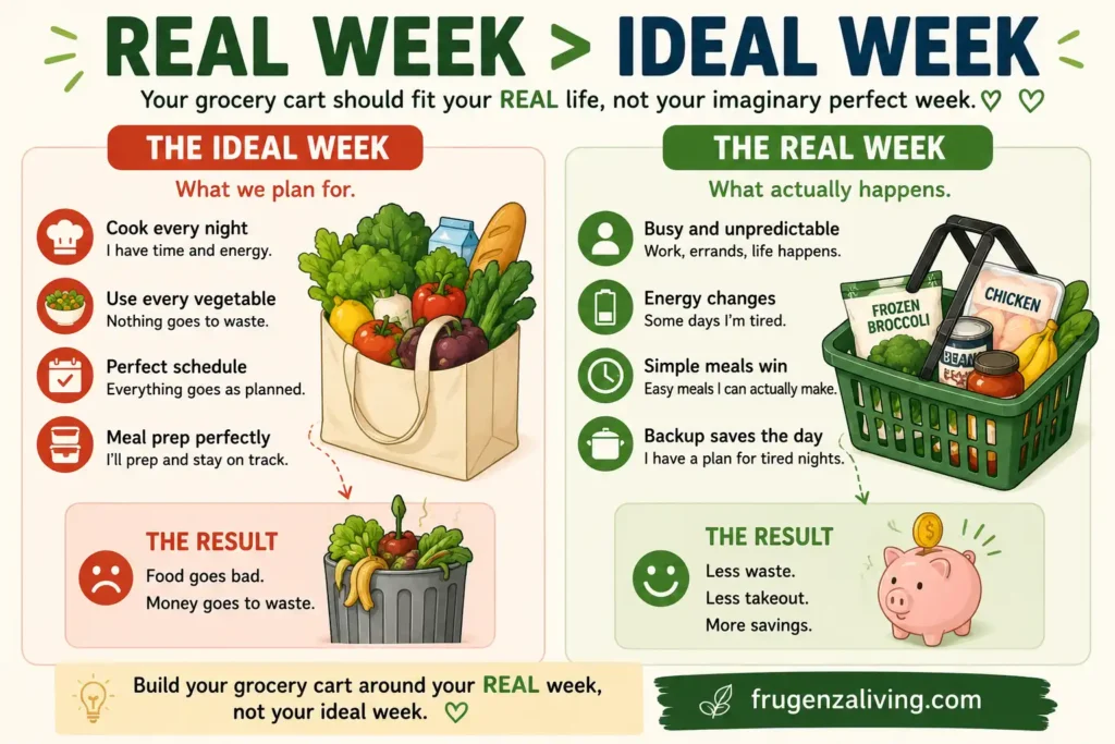 Real week vs ideal week grocery shopping infographic showing why a grocery cart for one person should fit real energy, simple meals, and backup food instead of a perfect meal plan