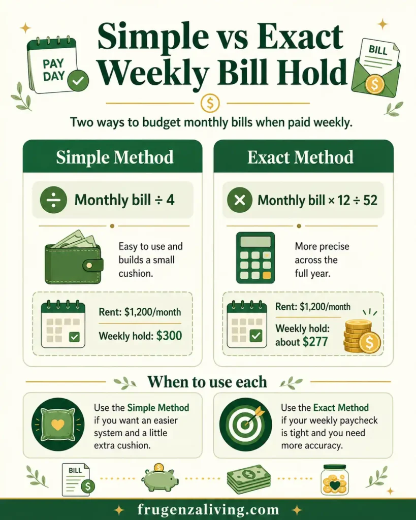 Infographic comparing simple and exact weekly bill hold methods for budgeting monthly bills when paid weekly