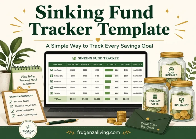 Illustration of a sinking fund tracker template with savings jars, a budget spreadsheet, goal amounts, progress tracking, and frugenzaliving.com branding