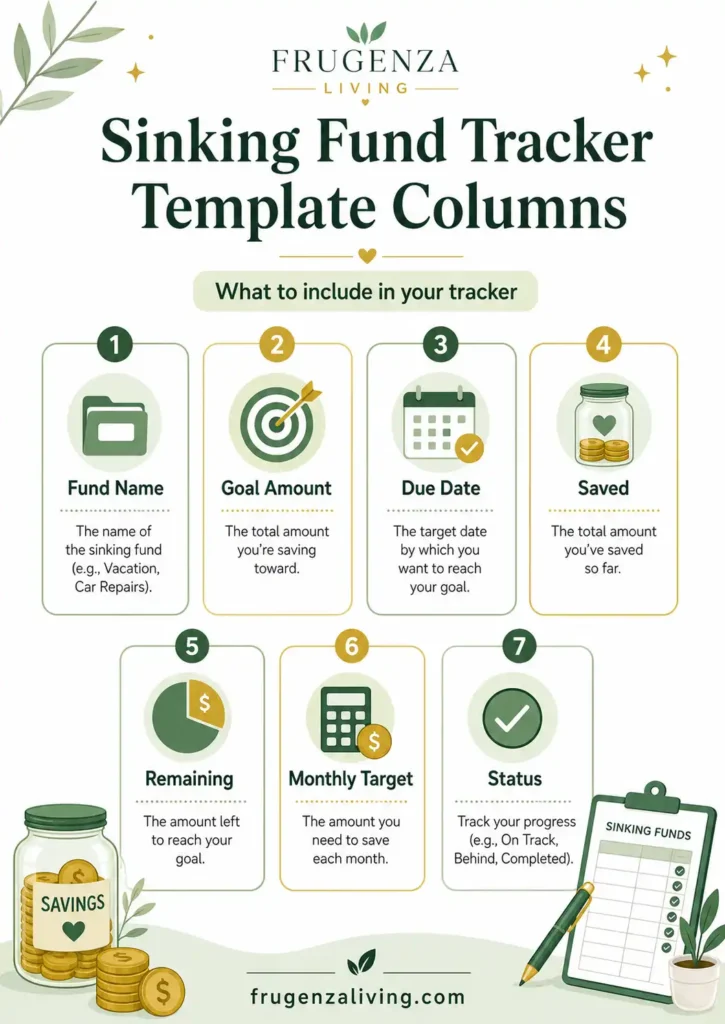 Infographic showing sinking fund tracker template columns including fund name, goal amount, due date, saved amount, remaining balance, monthly target, and status