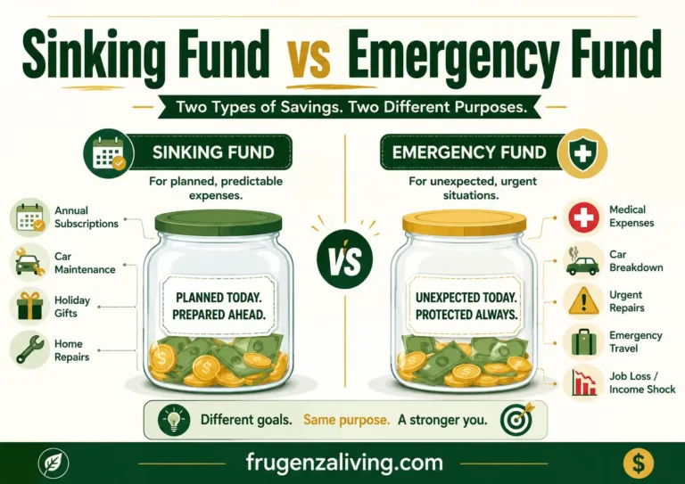 Illustration comparing a sinking fund and emergency fund with planned expenses, predictable bills, unexpected costs, job loss, medical expenses, and urgent repairs