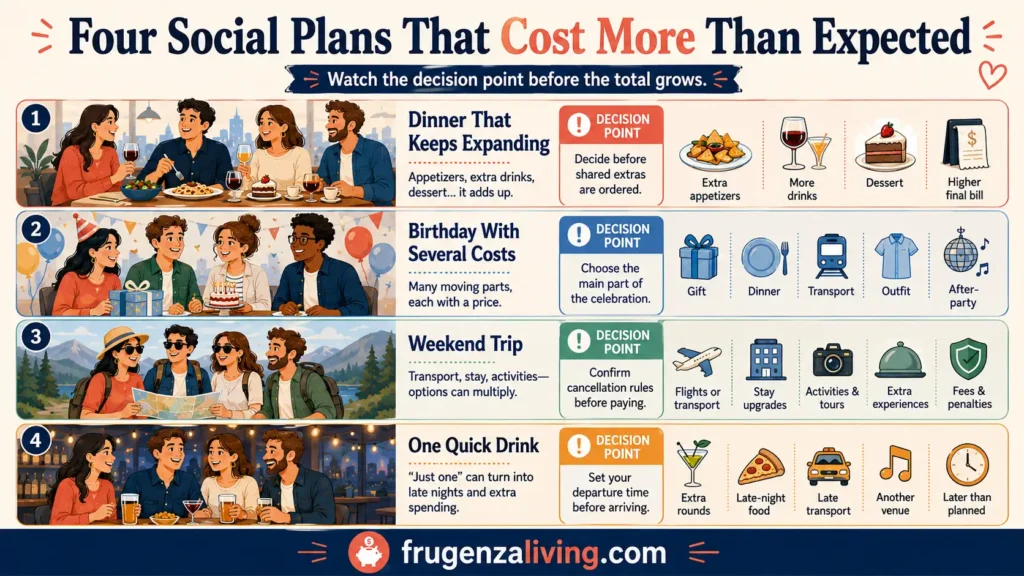 Infographic showing hidden costs and decision points for expanding dinners, birthdays, weekend trips, and spontaneous drinks with friends