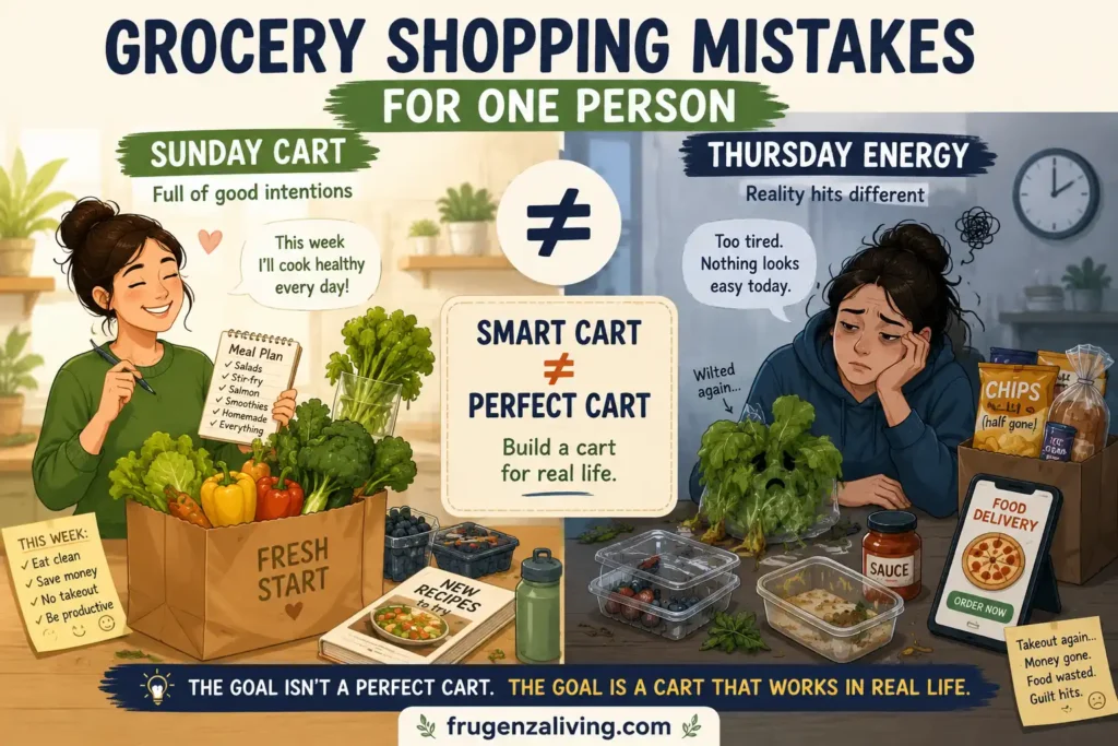 Sunday cart vs Thursday energy infographic showing how grocery shopping for one person can lead to wasted food, tired-night takeout, and impulse spending