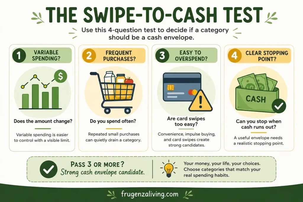 Infographic explaining the Swipe-to-Cash Test for choosing cash envelope categories based on variable spending, frequent purchases, overspending risk, and clear spending limits
