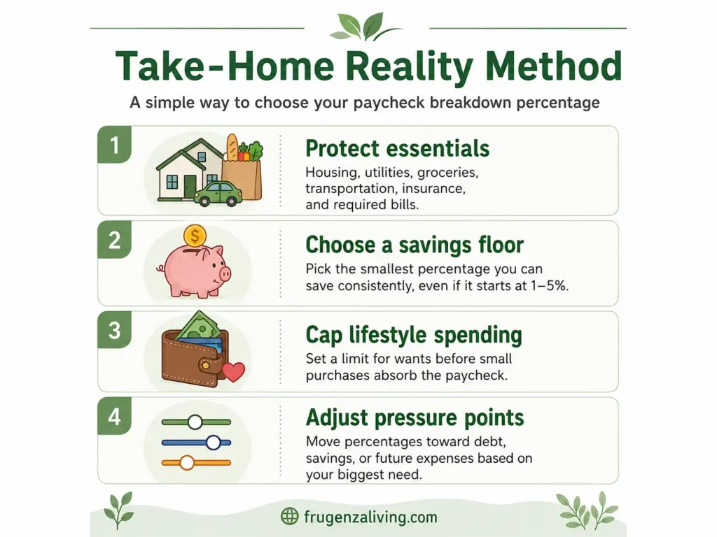 Infographic showing the Take-Home Reality Method for choosing paycheck breakdown percentages based on essentials, savings, lifestyle spending, and pressure points