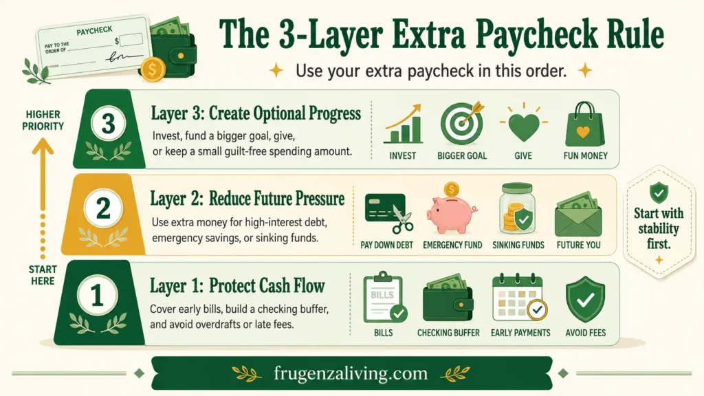 Infographic explaining the 3-layer extra paycheck rule with cash flow protection, future pressure reduction, and optional progress