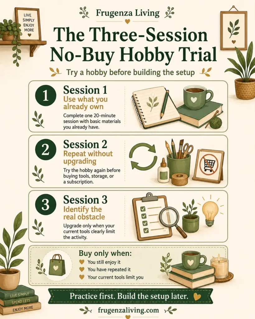 Three-session no-buy hobby trial showing how to use existing supplies, repeat without upgrading, and identify a real obstacle before buying equipment