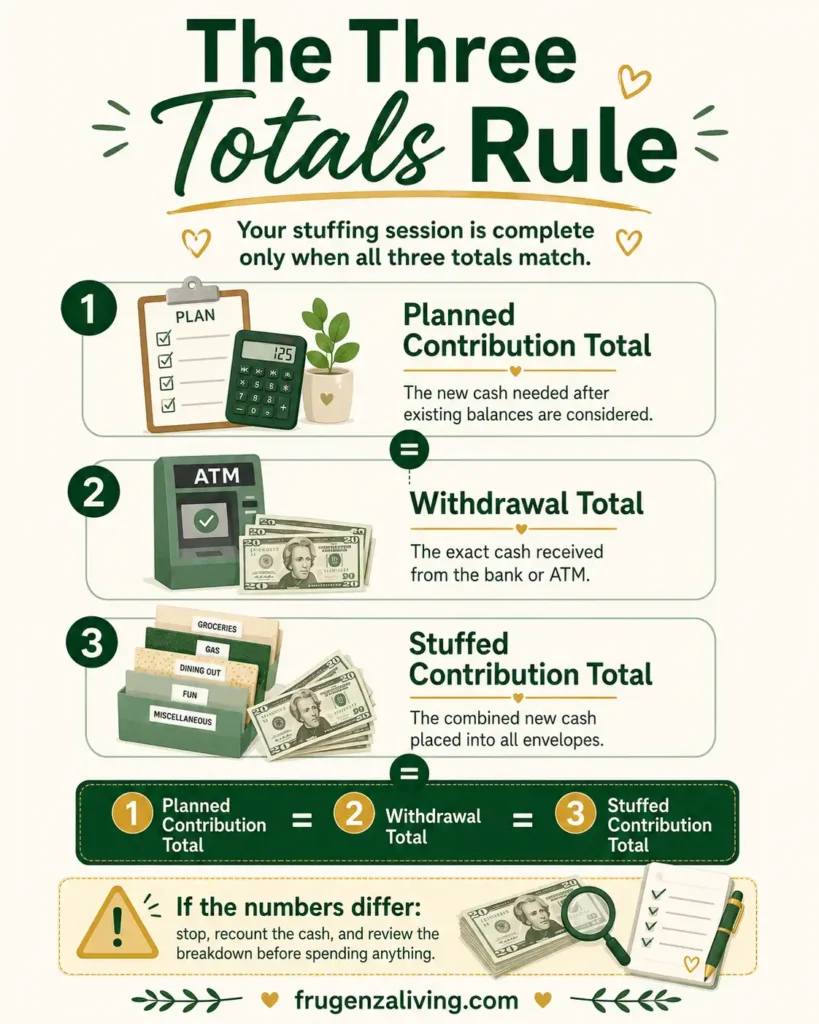 Infographic explaining the Three Totals Rule by matching the planned contribution total, withdrawal total, and stuffed envelope contribution total
