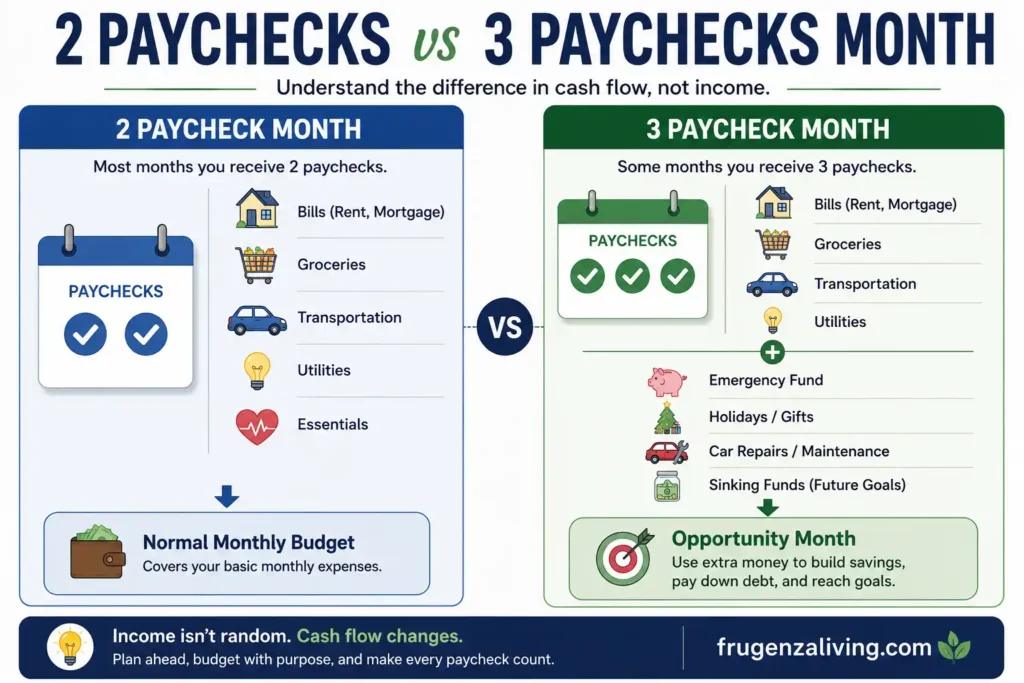 2 paycheck vs 3 paycheck month infographic showing how biweekly pay changes monthly cash flow, covers bills, and creates extra paycheck opportunities for savings and sinking funds