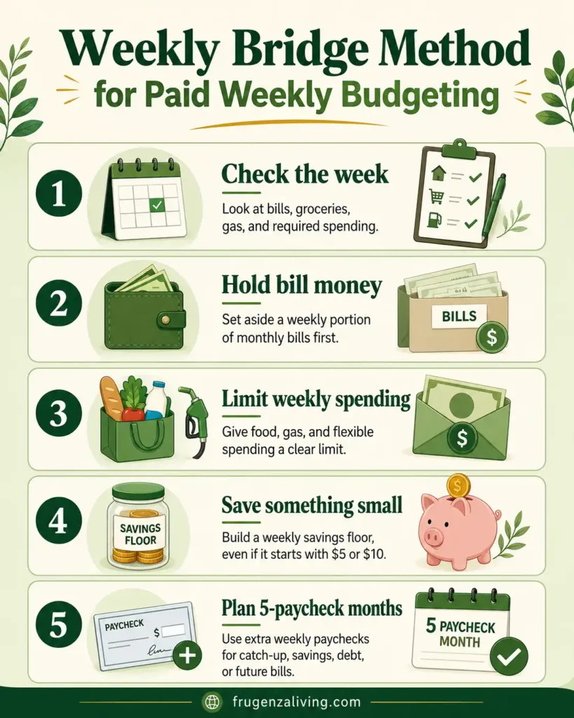 Infographic showing the Weekly Bridge Method for budgeting when paid weekly with bill holds, weekly spending limits, savings, and 5-paycheck month planning