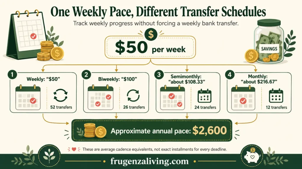 Weekly, biweekly, semimonthly, and monthly transfers based on a 50 dollar weekly savings pace