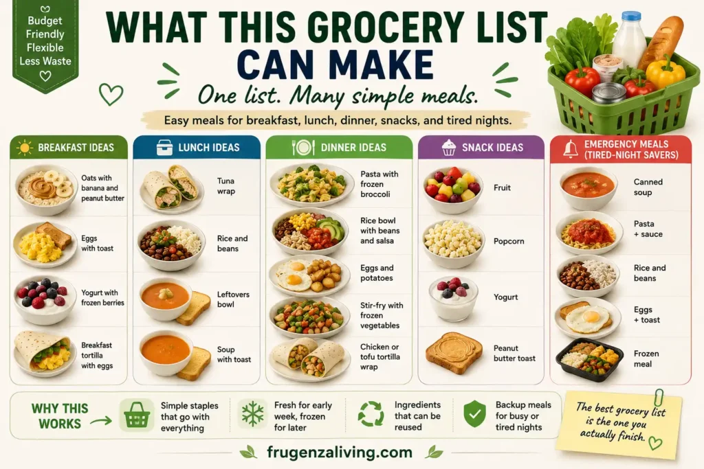 Meal ideas from one grocery list for one person including oats with banana, tuna wrap, rice and beans, pasta with broccoli, yogurt, and canned soup