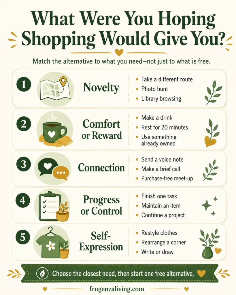 Infographic matching shopping urges with free alternatives for novelty, comfort, connection, progress, and self-expression