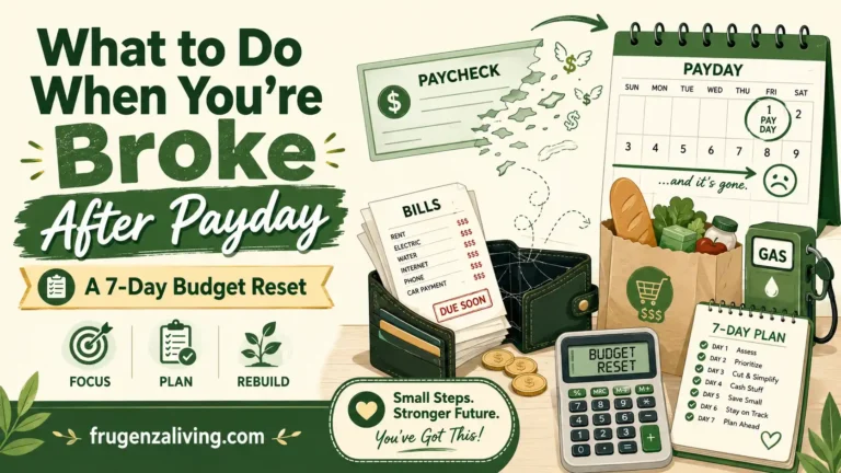 Illustration showing a 7-day budget reset plan for someone who feels broke after payday with bills, groceries, gas, and paycheck planning