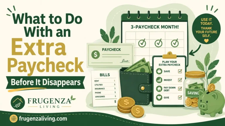 Illustration showing how to plan an extra paycheck with bills, savings, debt payoff, and a 3-paycheck month calendar