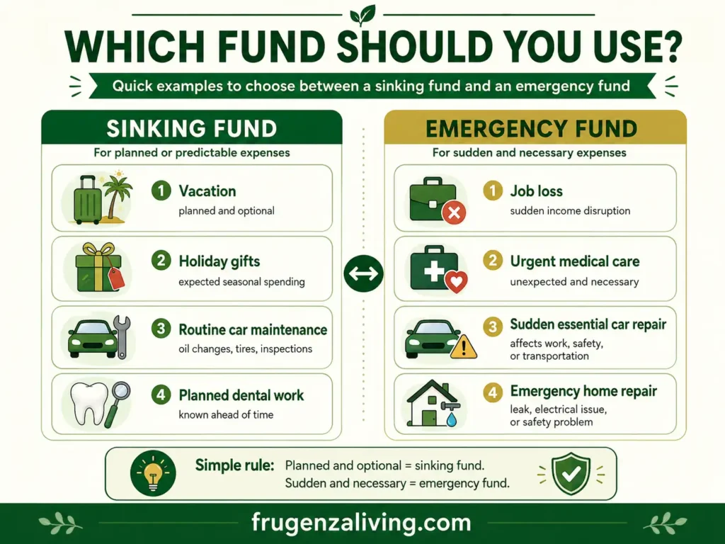 Infographic comparing sinking fund and emergency fund examples such as vacation, holiday gifts, routine car maintenance, job loss, urgent medical care, and emergency home repair