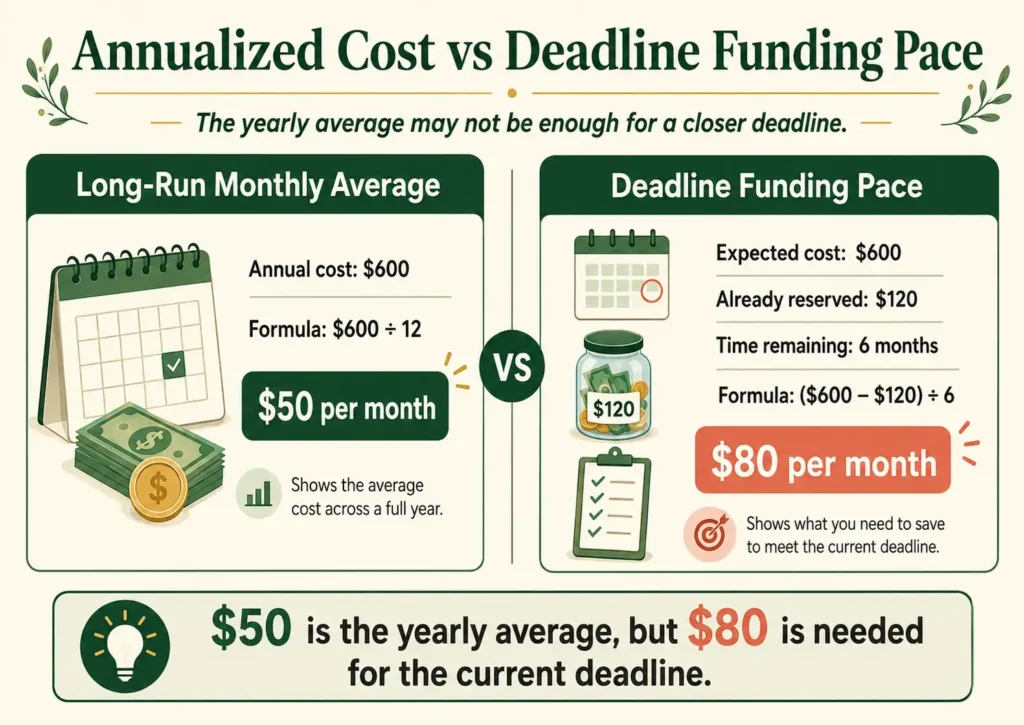 Comparison between annualized monthly cost and deadline funding pace for a yearly expense