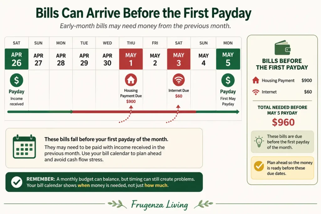 Bill calendar showing housing and internet bills due before the first payday of the month