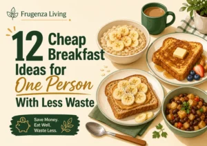 Cheap breakfast ideas for one person featuring oatmeal, French toast, banana toast, and a bean potato breakfast