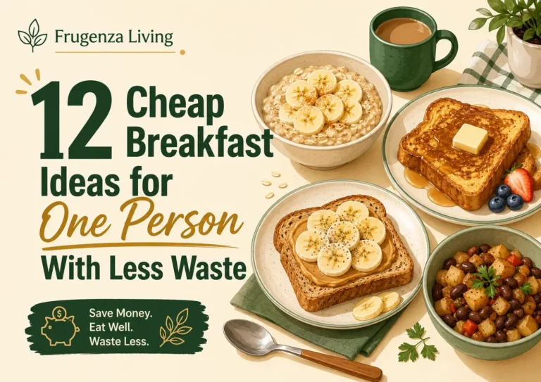Cheap breakfast ideas for one person featuring oatmeal, French toast, banana toast, and a bean potato breakfast
