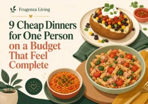 Cheap dinners for one person on a budget including a loaded potato, tuna tomato pasta, and red lentil rice