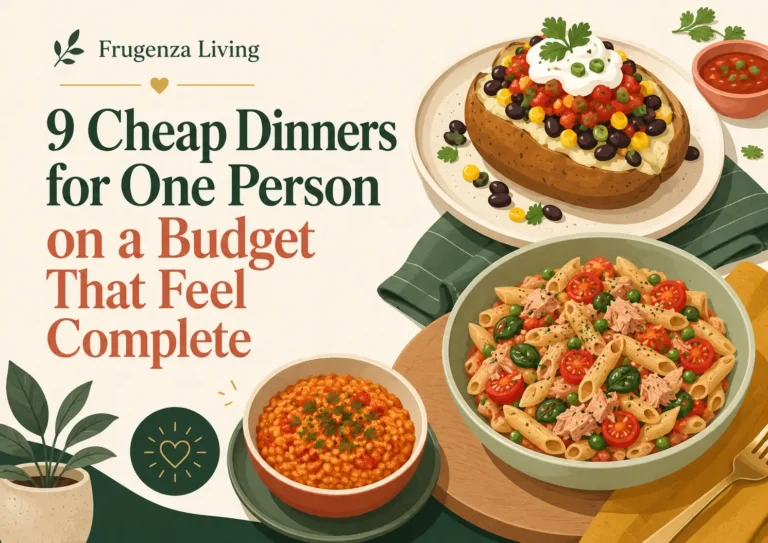 Cheap dinners for one person on a budget including a loaded potato, tuna tomato pasta, and red lentil rice