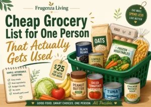 Cheap grocery list for one person with oats eggs rice beans vegetables fruit peanut butter and backup meals