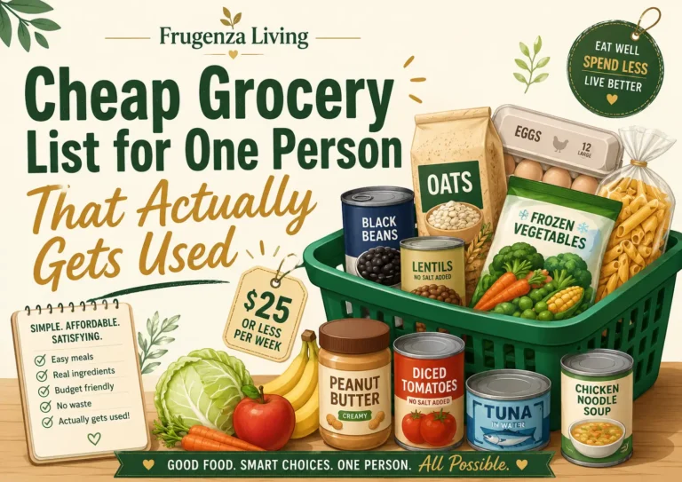 Cheap grocery list for one person with oats eggs rice beans vegetables fruit peanut butter and backup meals