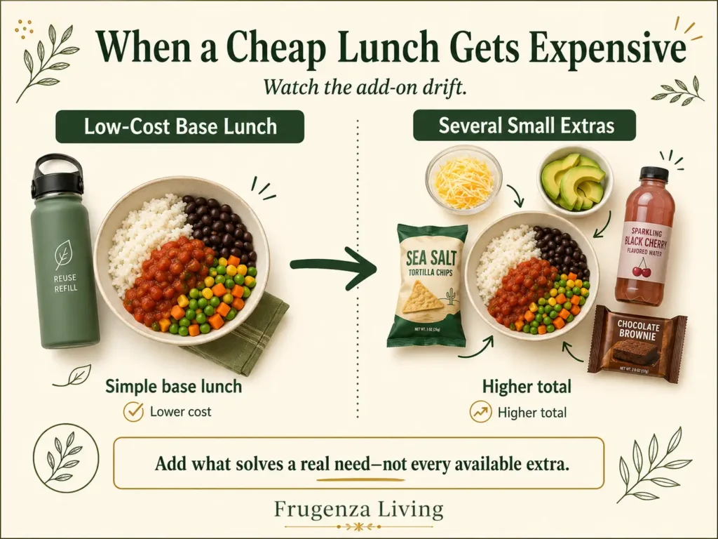 Comparison between a simple low-cost rice and bean lunch and the higher cost after adding cheese, avocado, chips, a drink, and dessert