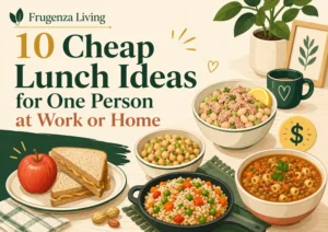 Cheap lunch ideas for one person including a peanut butter sandwich, tuna bean bowl, rice skillet, and lentil soup