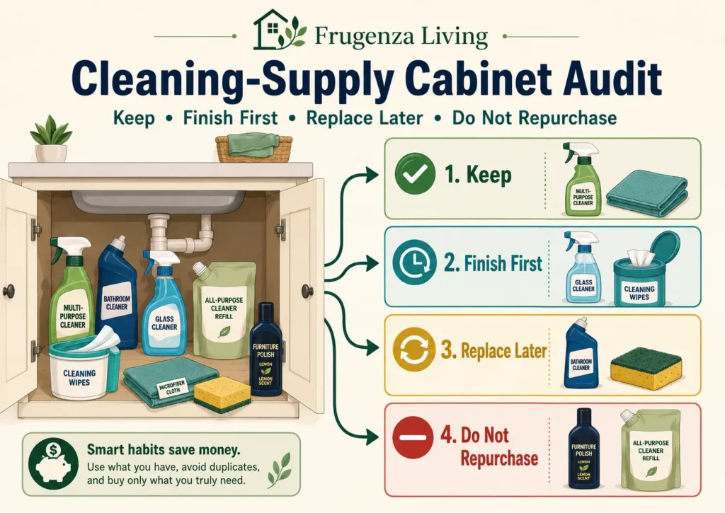 Cleaning supply cabinet audit with keep, finish first, replace later, and do not repurchase categories