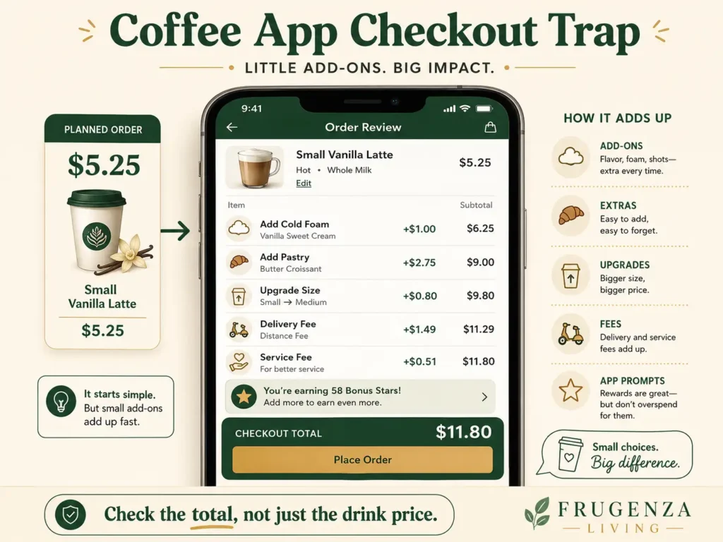 Coffee shop mobile app checkout showing how add-ons, upgrades, delivery fees, and service fees increase a $5.25 order to $11.80
