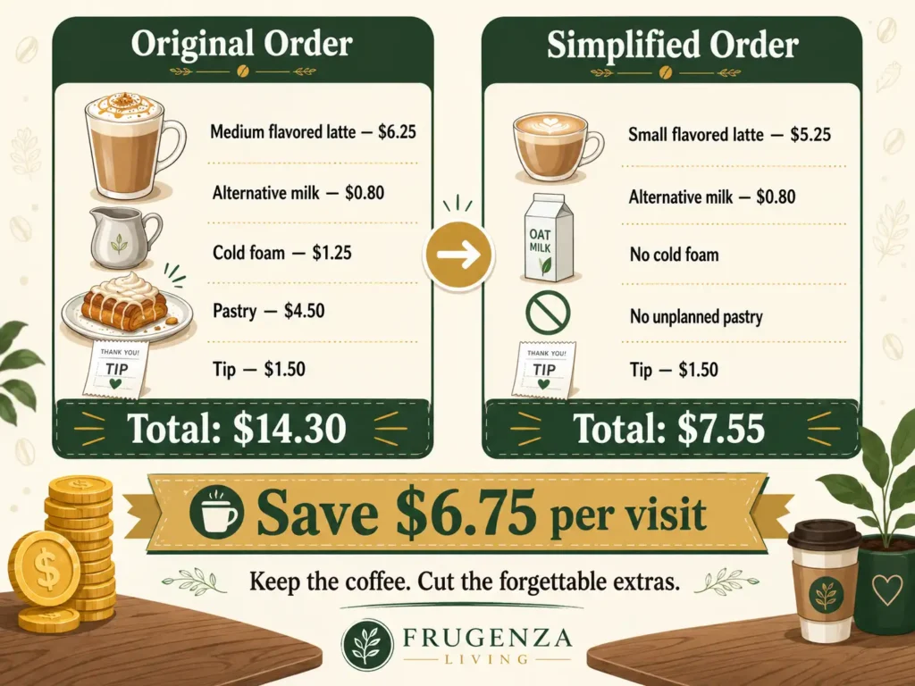 Before and after coffee shop order showing the total reduced from $14.30 to $7.55 by removing low-value add-ons