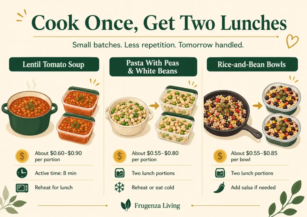 Three small-batch lunch ideas that divide into two portions including lentil soup, pasta with beans, and rice bean bowls