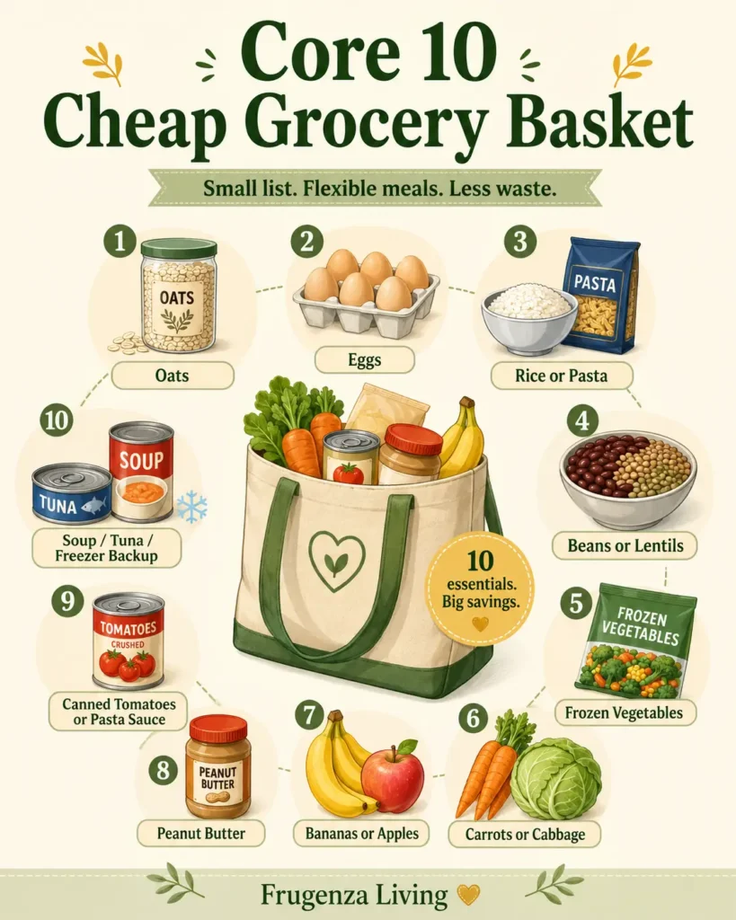 basket.webp
Core 10 cheap grocery basket for one person with oats eggs rice pasta beans frozen vegetables fruit and backup meals