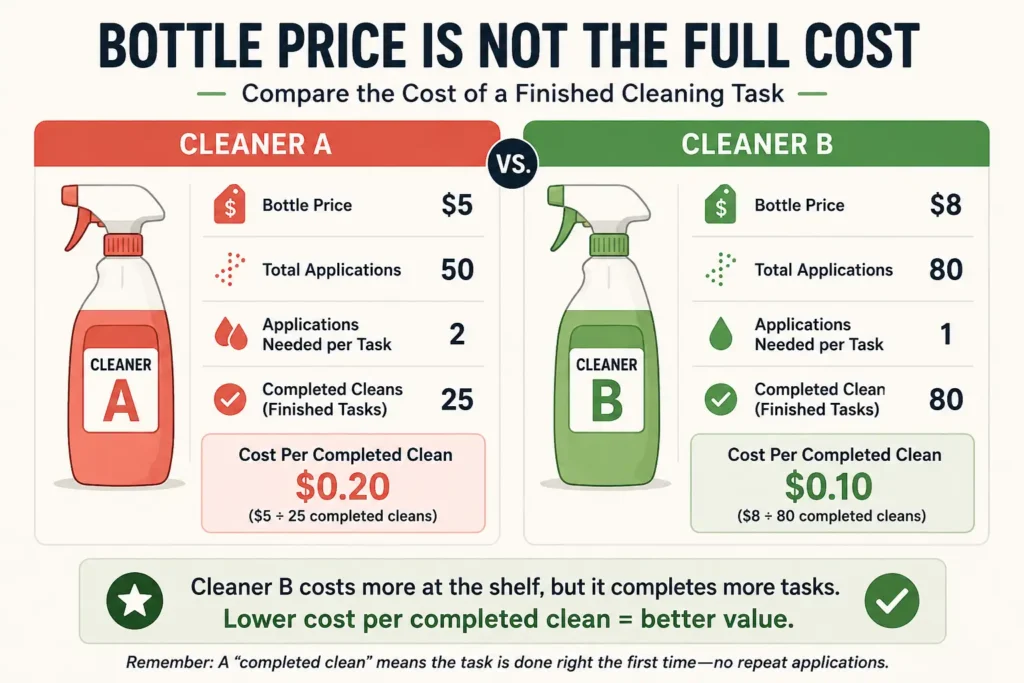 Cost per completed clean comparison between two household cleaning products