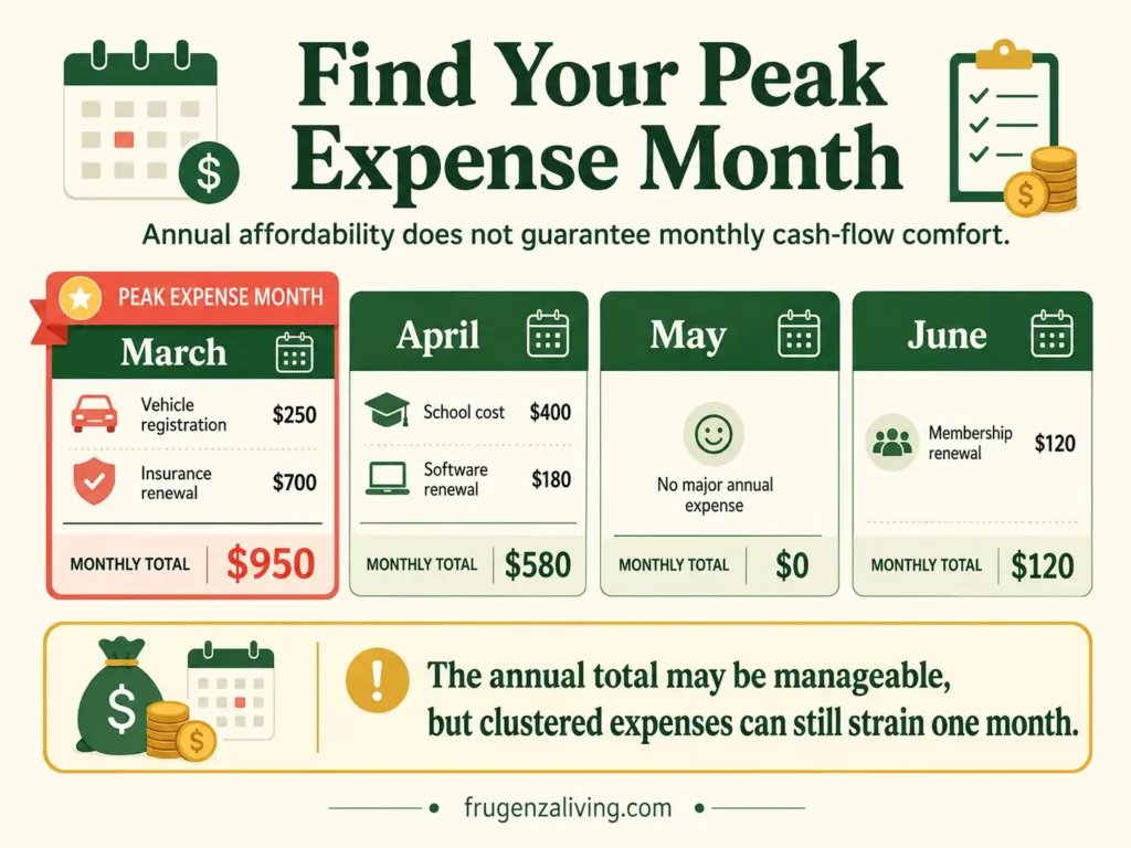 Annual expenses grouped by month to identify the highest-cost month